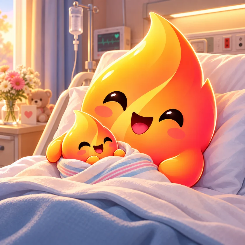 Emby in a hospital bed with a tiny new flame