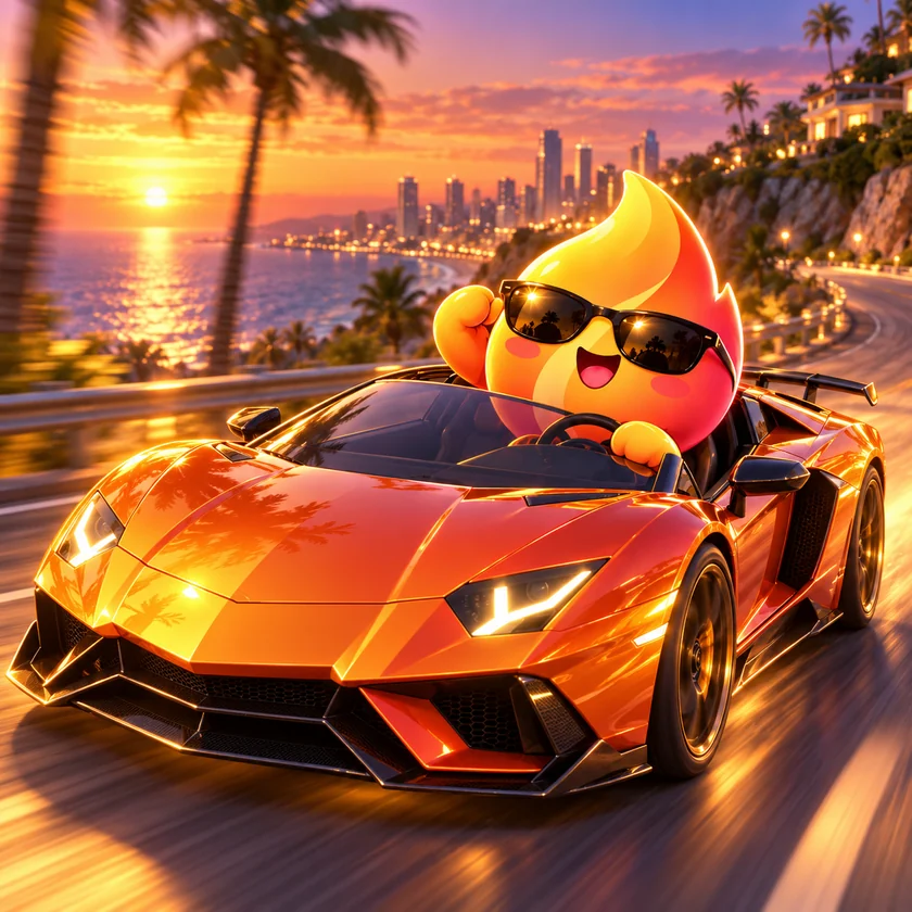 Emby driving a supercar at sunset